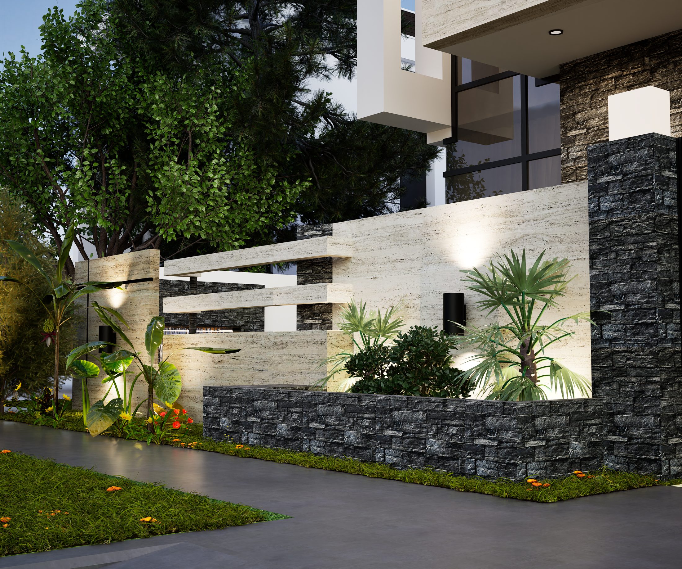 Daylight render of a travertine boundary wall with layered tropical planting by CGSpell