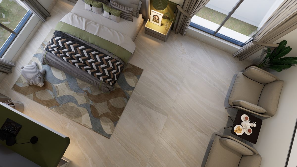Bright bedroom interior render seen from above with patterned rug