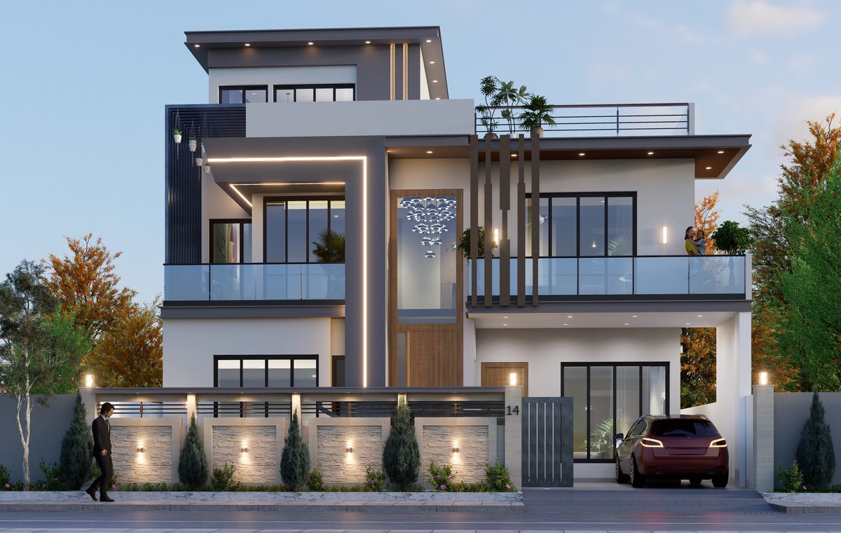 Dusk front elevation render of a 10 Marla residence with warm interior light