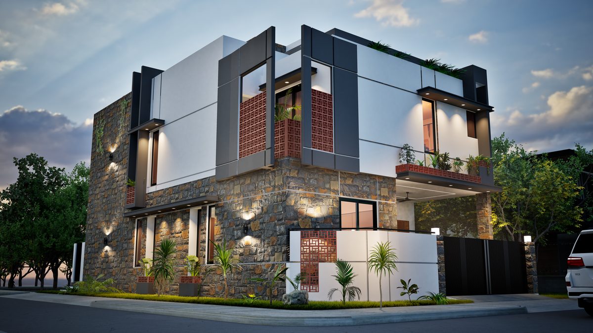 Dusk corner render of the Eco Homes B-17 residence with stone cladding