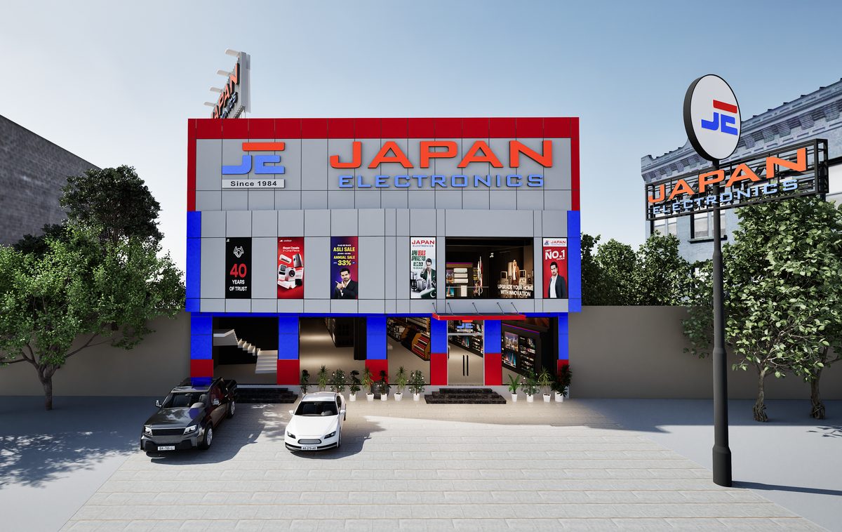 Daylight render of the Japan Electronics storefront in Sheikhupura