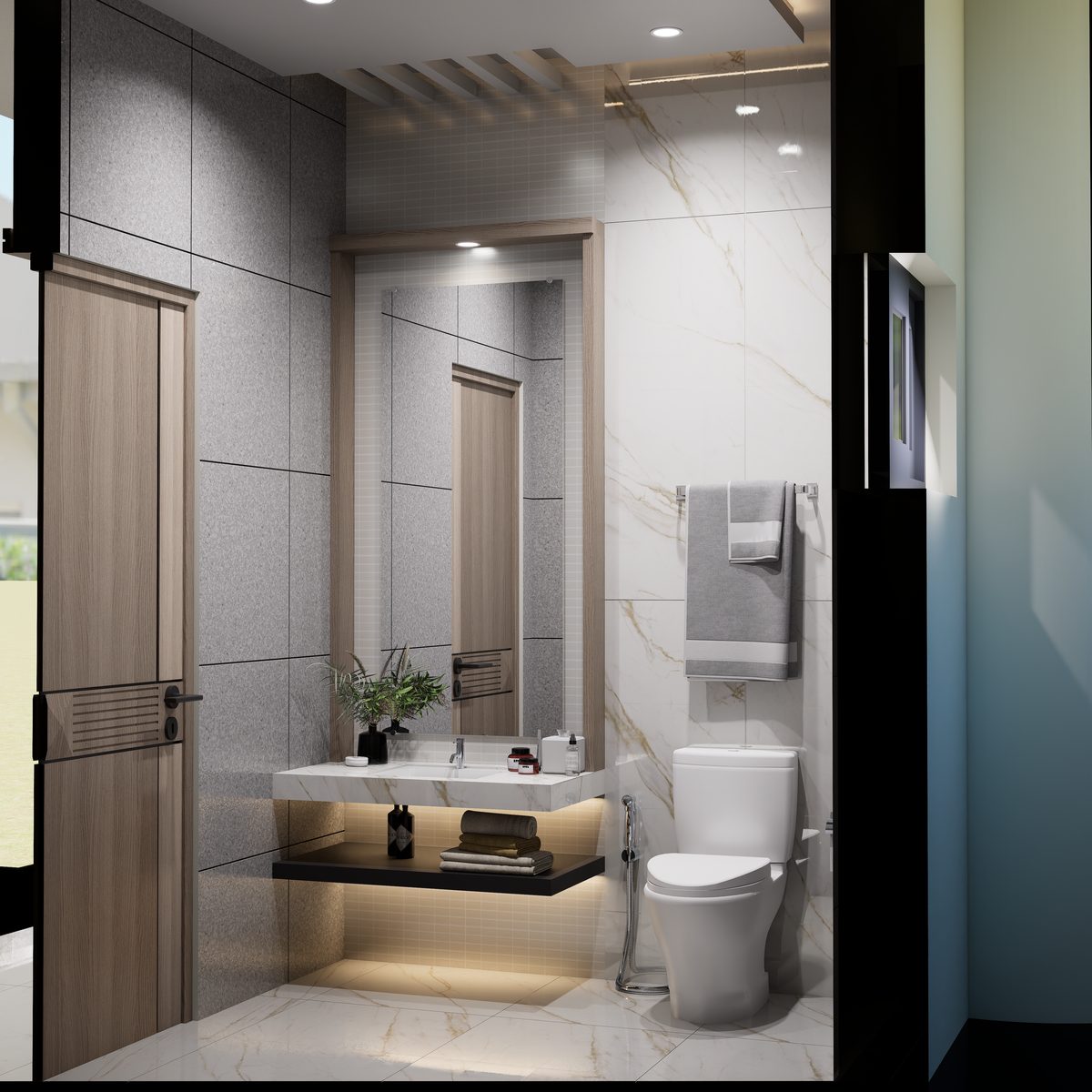 Master bedroom interior render with warm evening lighting