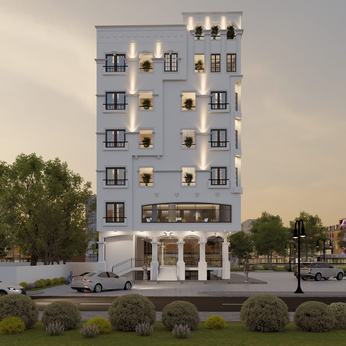 Sunset render of a five-storey apartment building in E-16 Islamabad