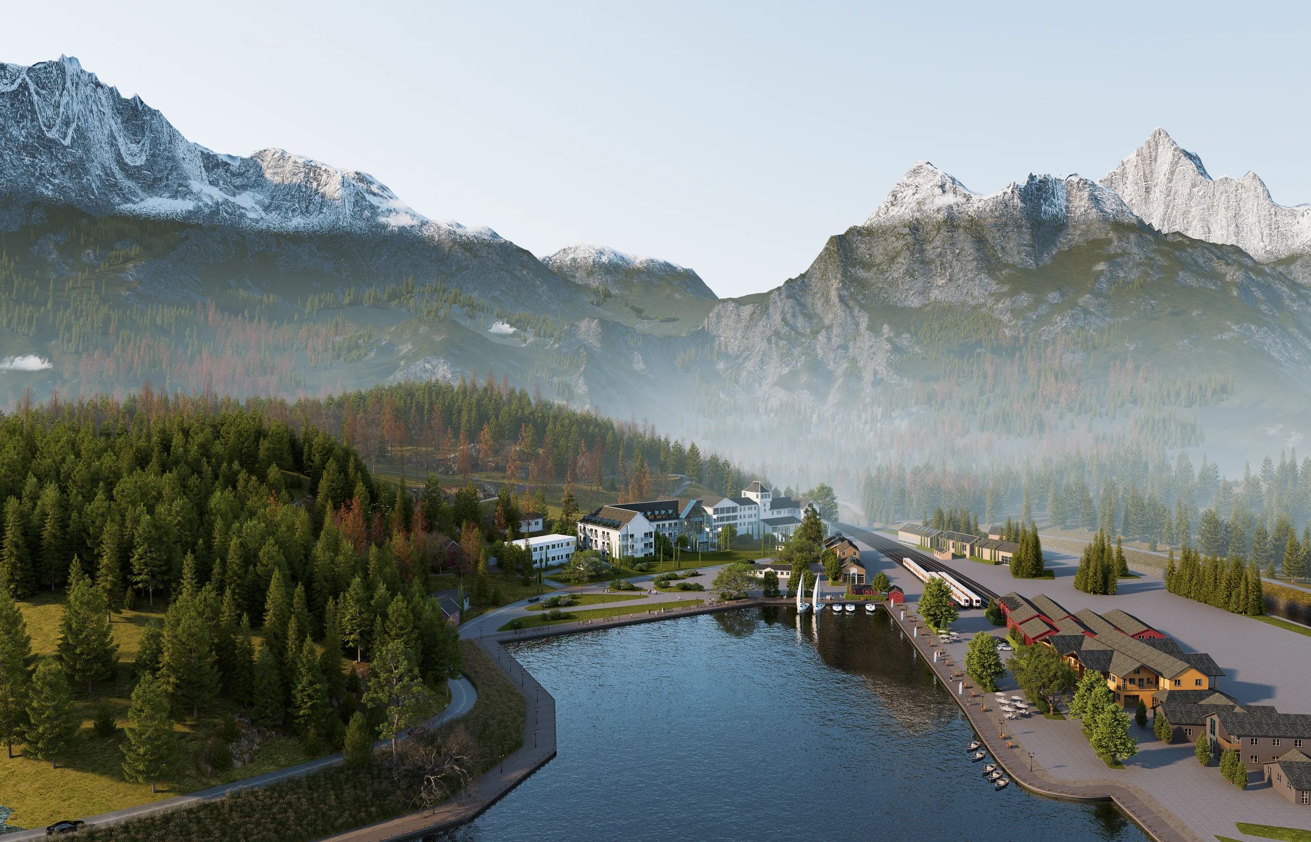 Aerial render of an alpine lakeside village with a marina and snow-capped peaks by CGSpell