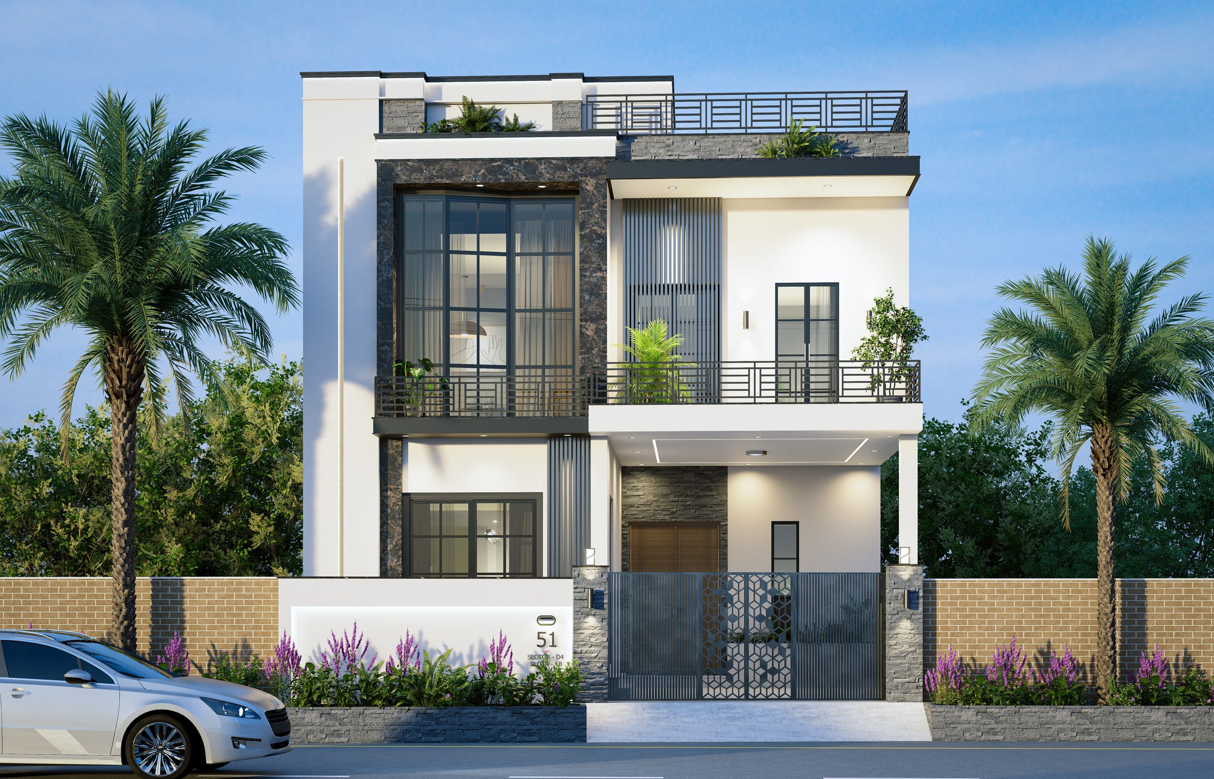 Daylight photorealistic render of a modern residence with palm trees by CGSpell